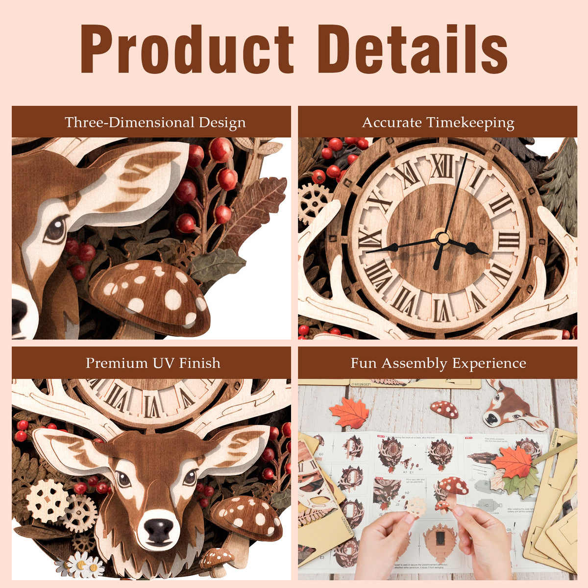 Reindeer Wall Clock Kit | DIY 3D Wooden Puzzle with Pendulum - product photo