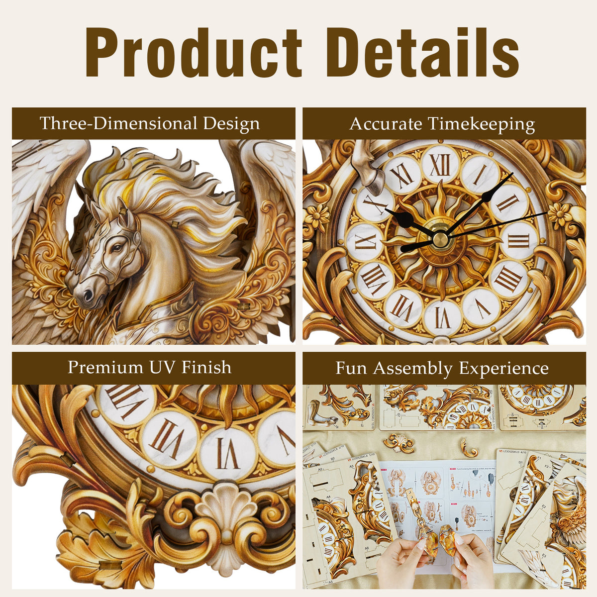 Pegasus Wall Clock Kit | DIY 3D Wooden Puzzle with Pendant - product photo