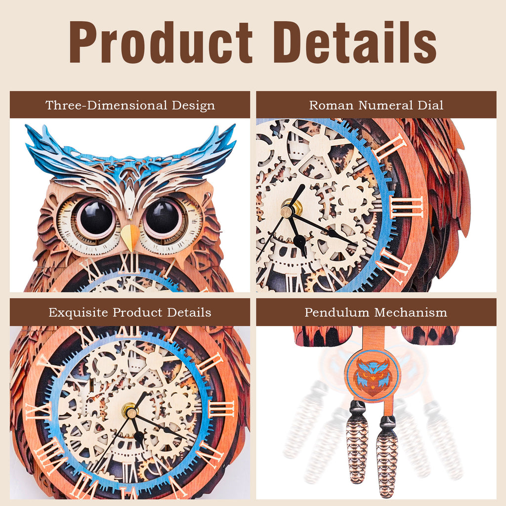 Owl Wall Clock Kit | DIY 3D Wooden Puzzle with Pendulum - product photo
