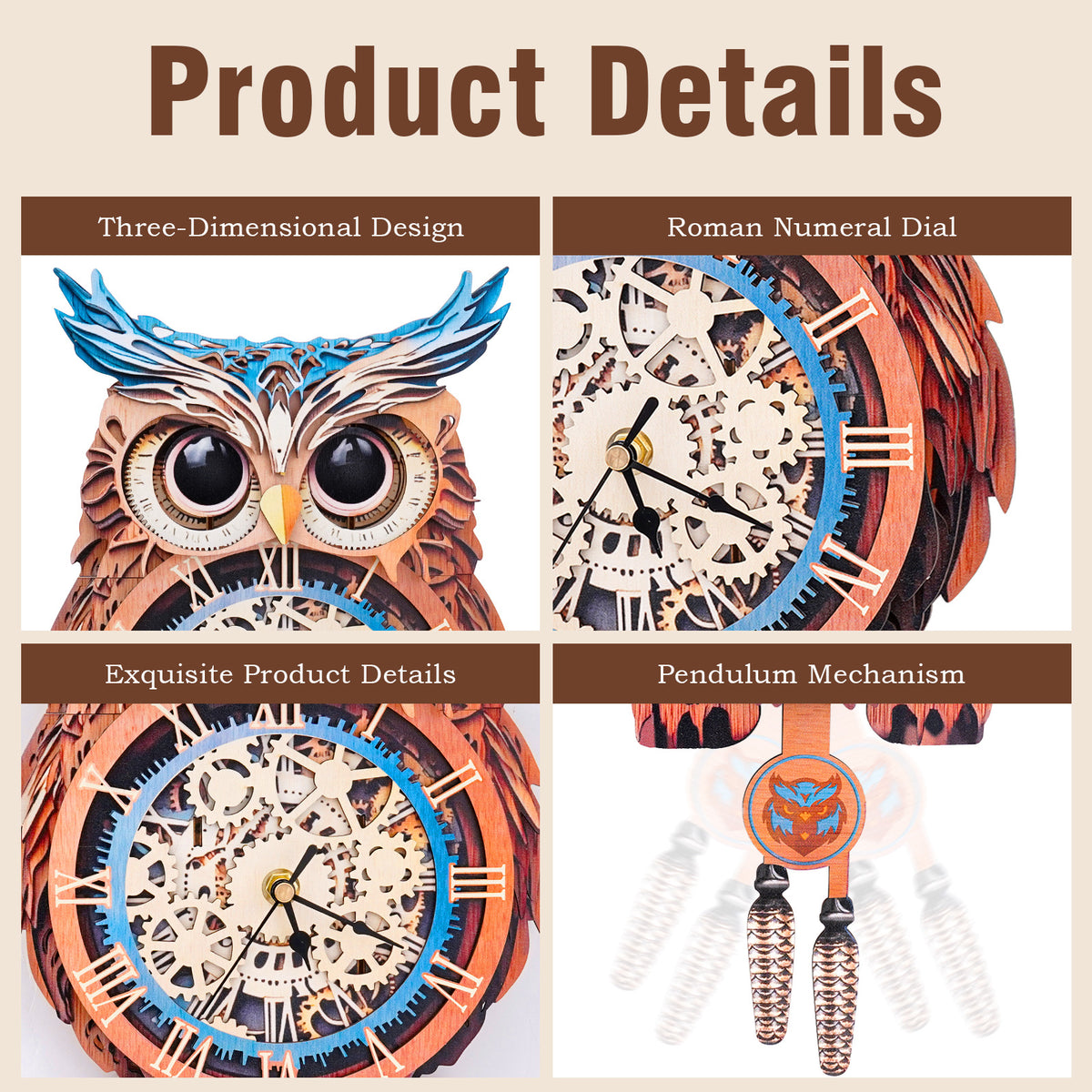 Owl Wall Clock Kit | DIY 3D Wooden Puzzle with Pendulum - product photo