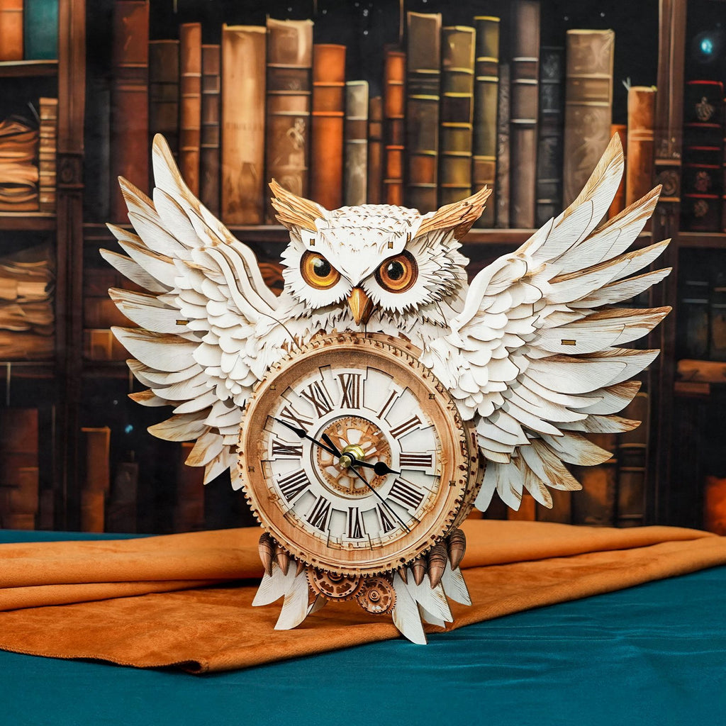 Snowy Owl Wall Clock Kit | DIY 3D Wooden Puzzle with Gears - product photo