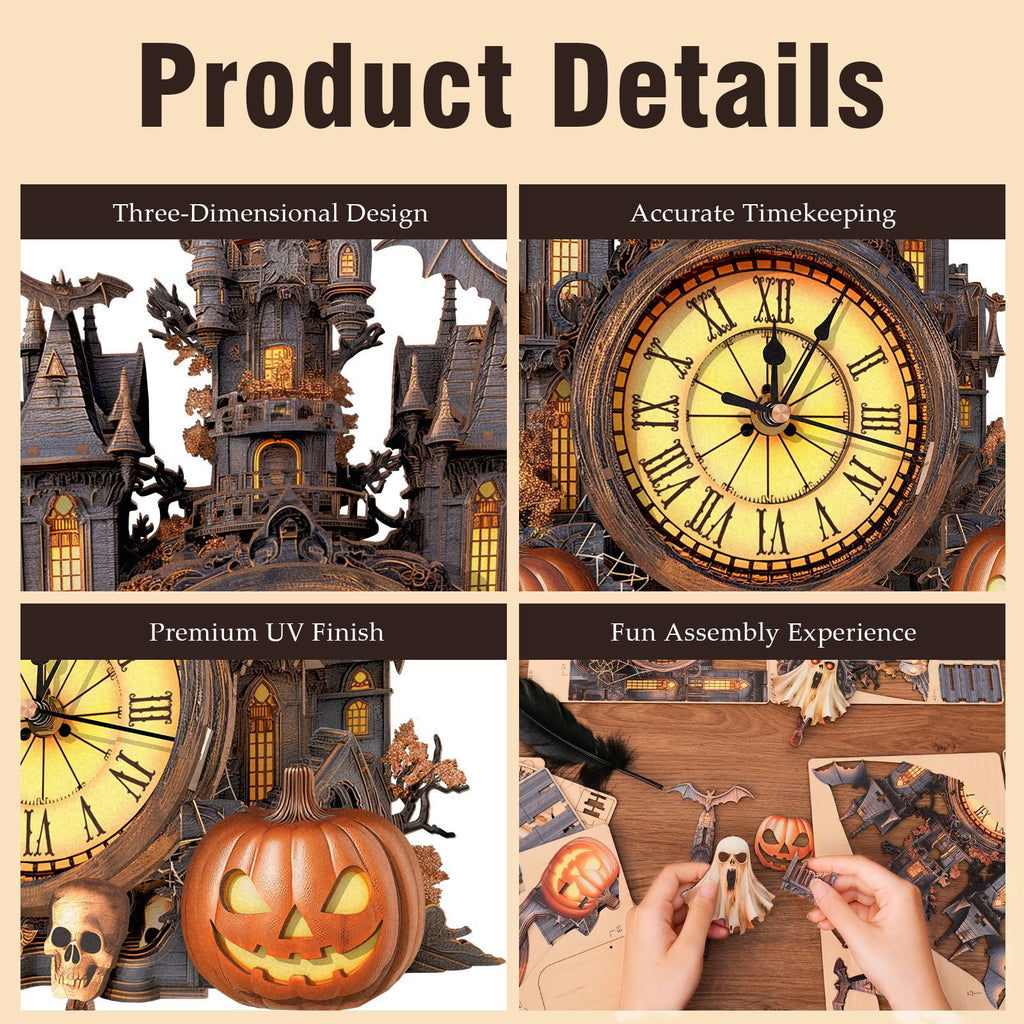 Haunted Castle Wall Clock Kit | DIY 3D Wooden Puzzle with Pendulum - product photo