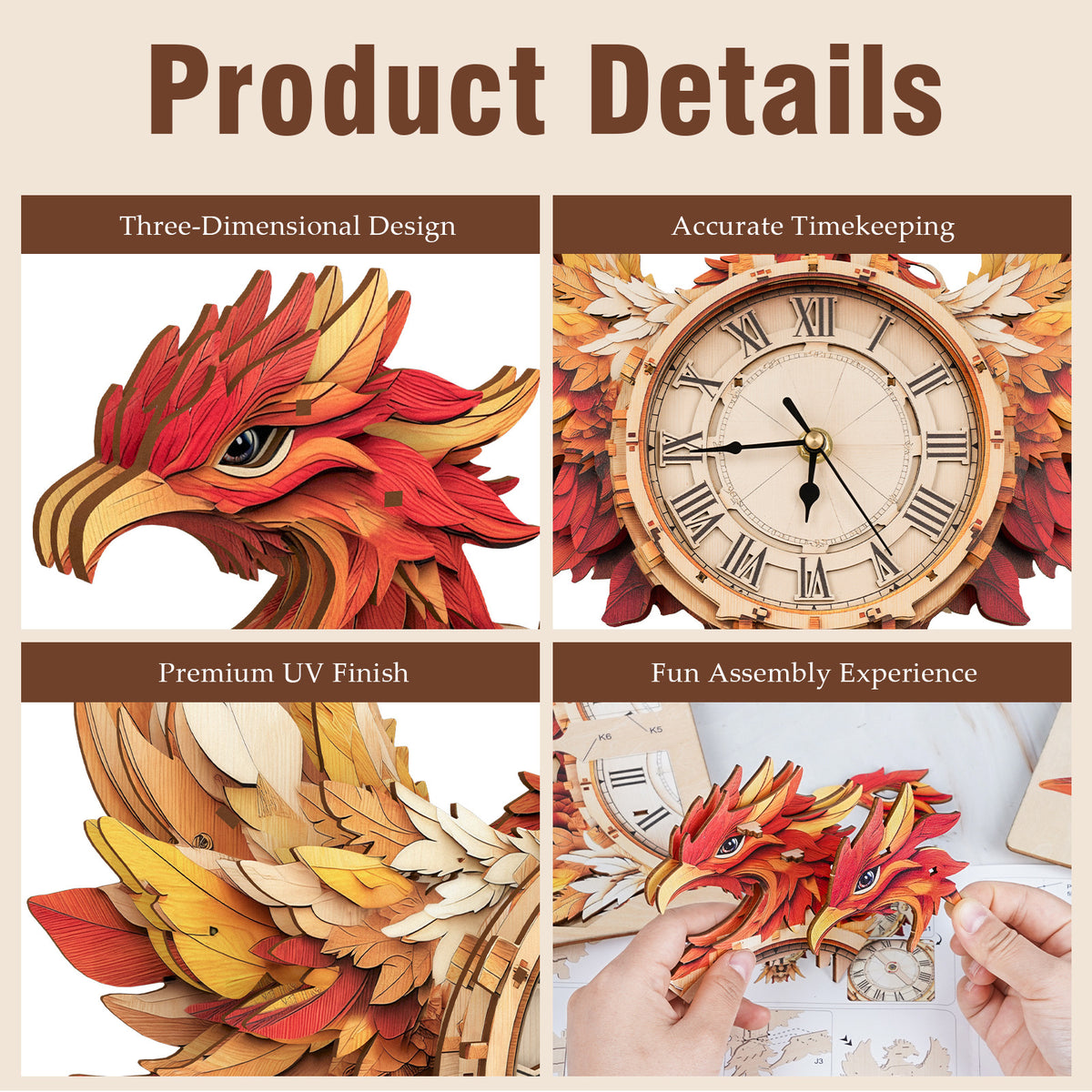 Phoenix Wall Clock Kit | DIY 3D Wooden Puzzle with Pendulum - product photo