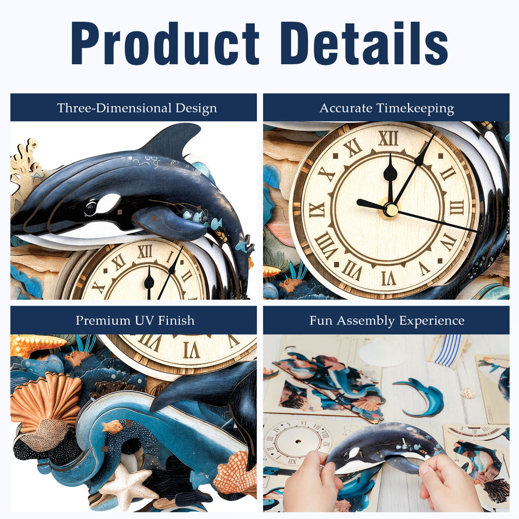 Orca Whale Wall Clock Kit | DIY 3D Wooden Puzzle with Pendulum - product photo