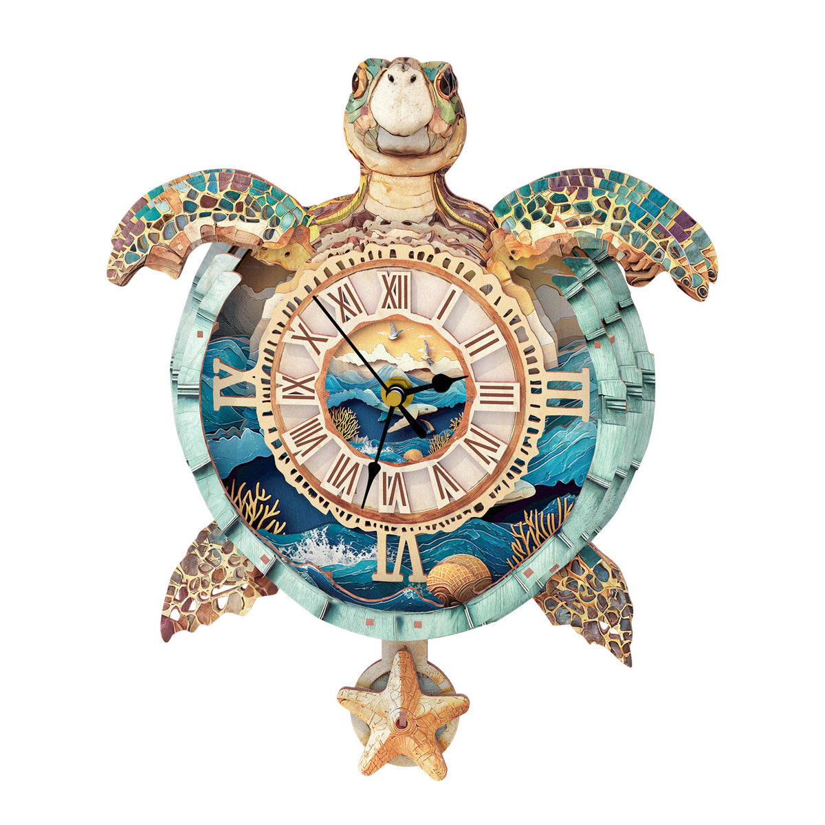 Sea Turtle Wall Clock Kit | DIY 3D Wooden Puzzle with Pendulum - product photo