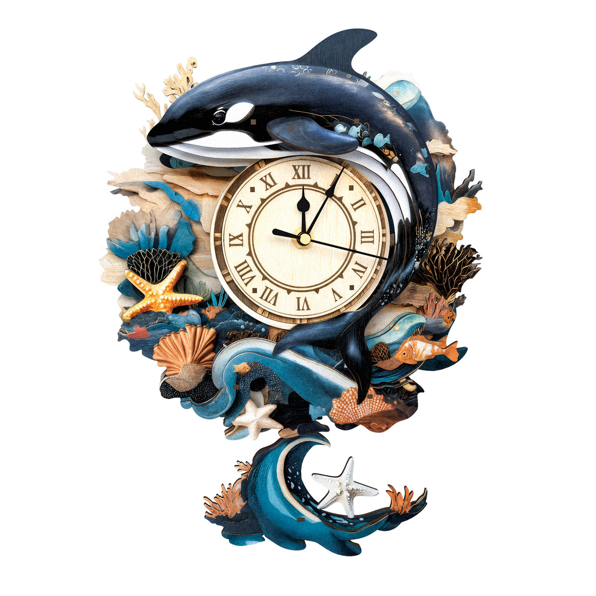 Orca Whale Wall Clock Kit | DIY 3D Wooden Puzzle with Pendulum - product photo