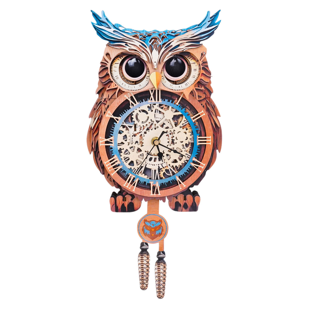 Owl Wall Clock Kit | DIY 3D Wooden Puzzle with Pendulum - product photo
