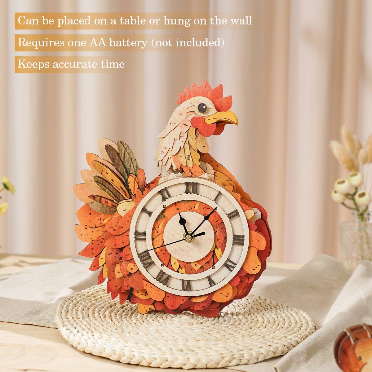 Rooster Wall Clock Kit | DIY 3D Wooden Puzzle with Pendulum - product photo