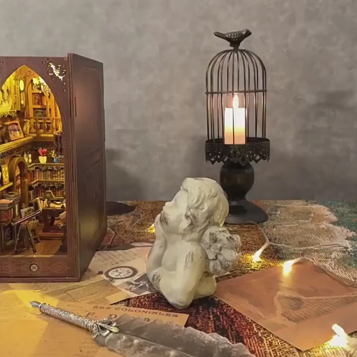 Vintage Library Book Nook Kit | Wooden Diorama with Motion Sensor Light