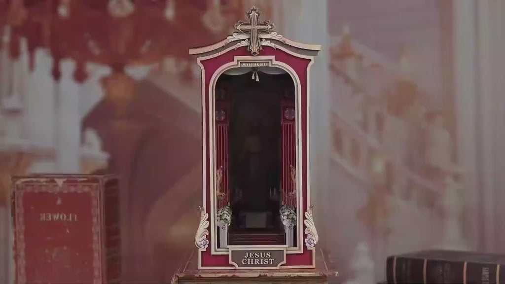 Book Nook DIY Kit Cathedral Miniature Diorama Wooden Bookshelf Insert with LED Lights