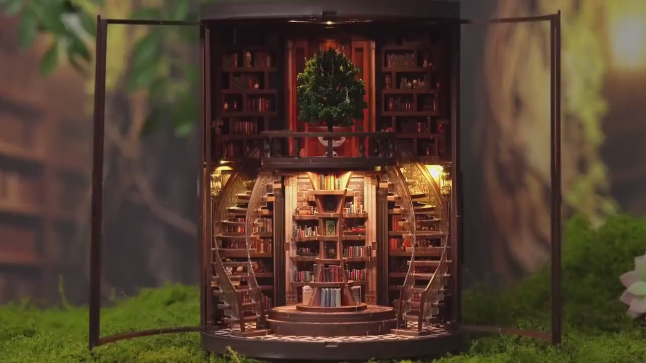 DIY Book Nook Kit Wisdom Rings Miniature Bookshelf Insert LED Dust Cover 3D Puzzle Fantasy Library Gift