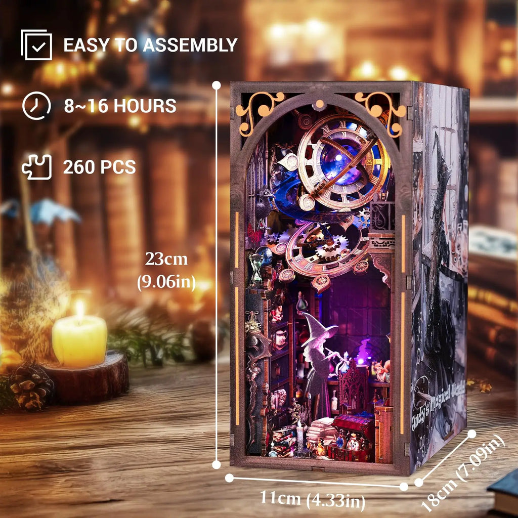 Judy’s Magical World Book Nook Kit with LED | Double‑Sided Witch House | DIY Fantasy Bookshelf Insert 