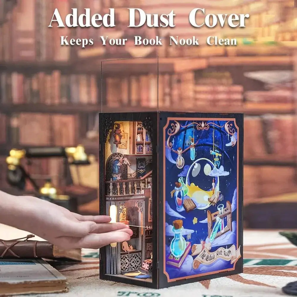 Book Nook Magical Reading Room with LED Lights – DIY Wooden Kit | 3D Miniature Diorama | Shelf Insert | Reader Gift