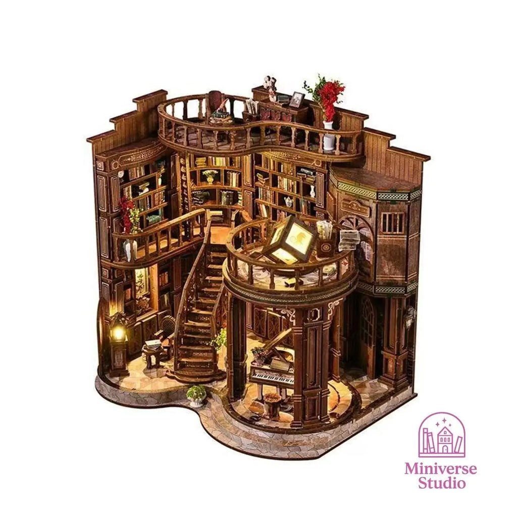 Miniature DIY Bookend Kit – Qimeng Book Hall – Handcrafted Cottage with Lights & Furniture
