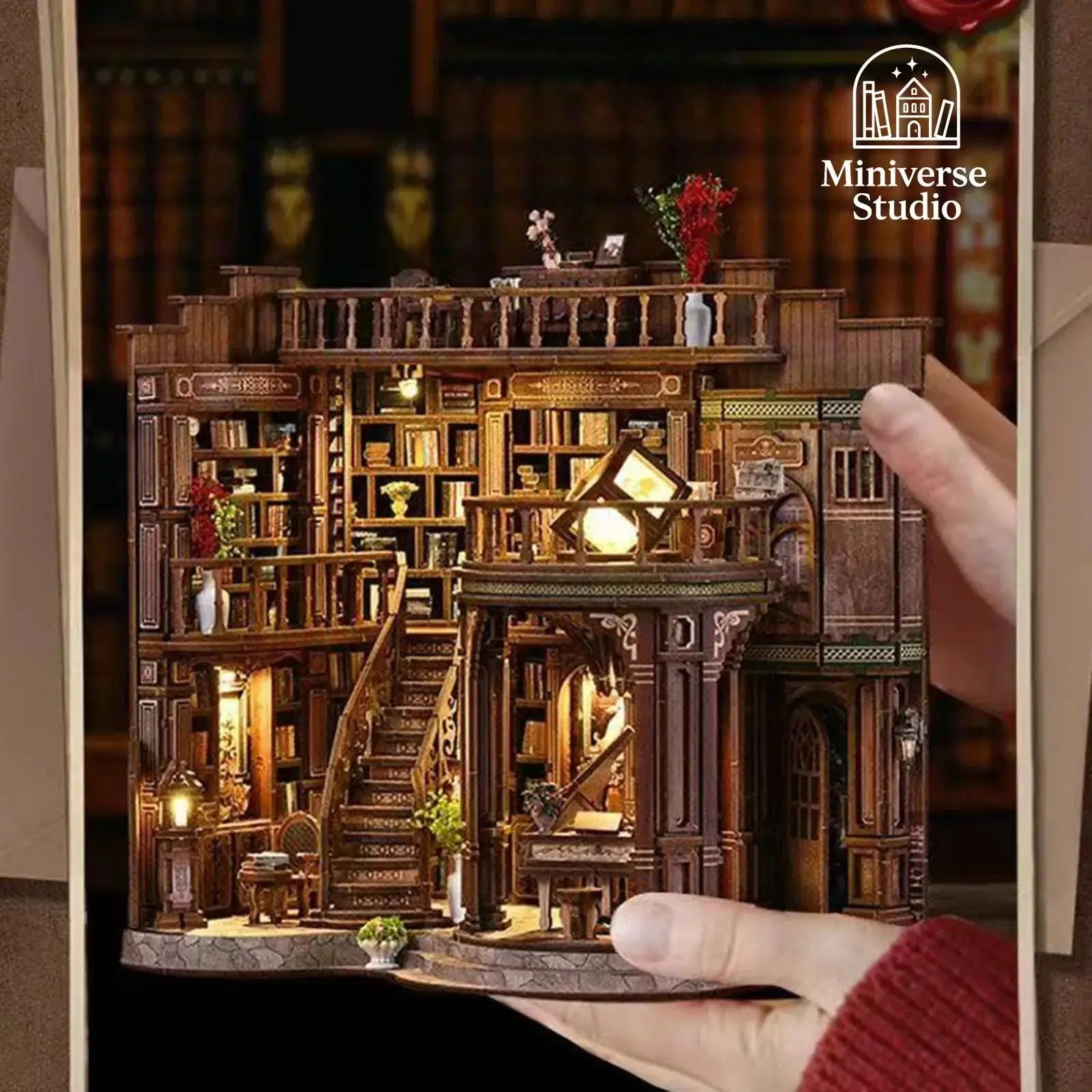 Miniature DIY Bookend Kit – Qimeng Book Hall – Handcrafted Cottage with Lights & Furniture
