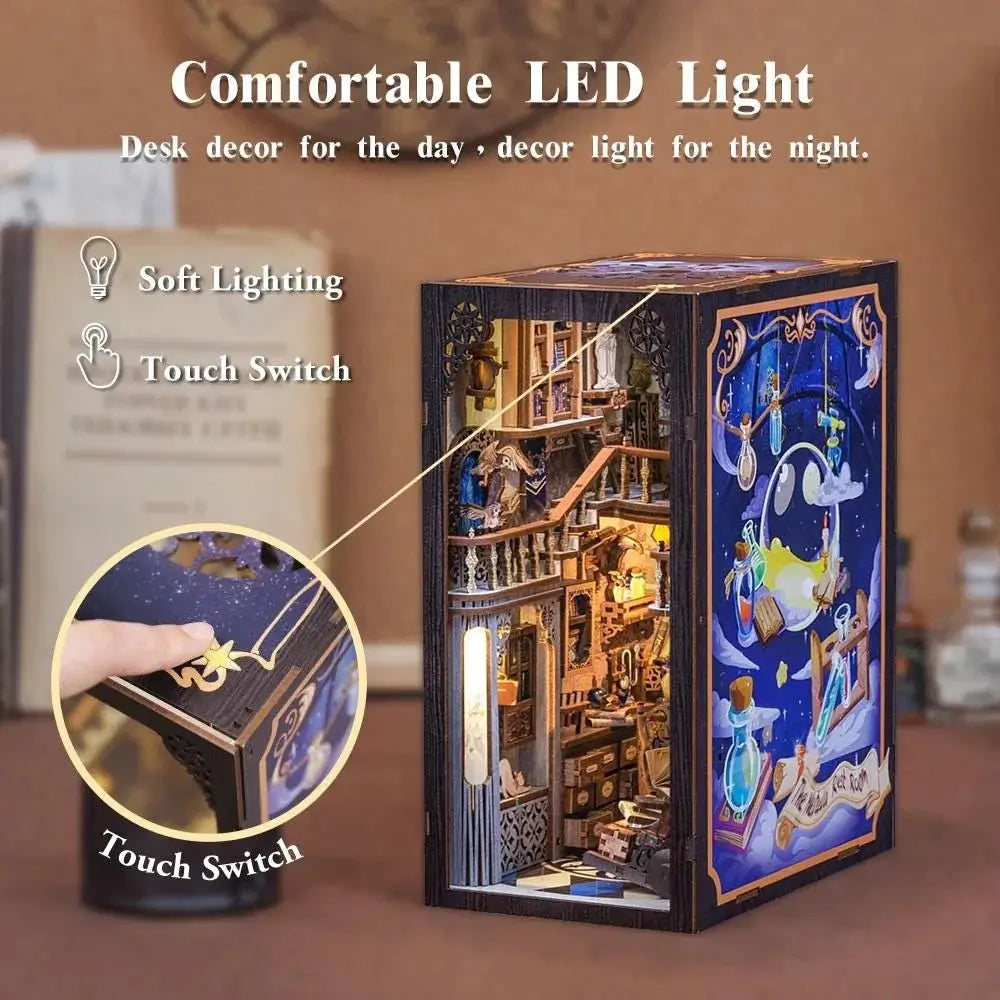 Book Nook Magical Reading Room with LED Lights – DIY Wooden Kit | 3D Miniature Diorama | Shelf Insert | Reader Gift